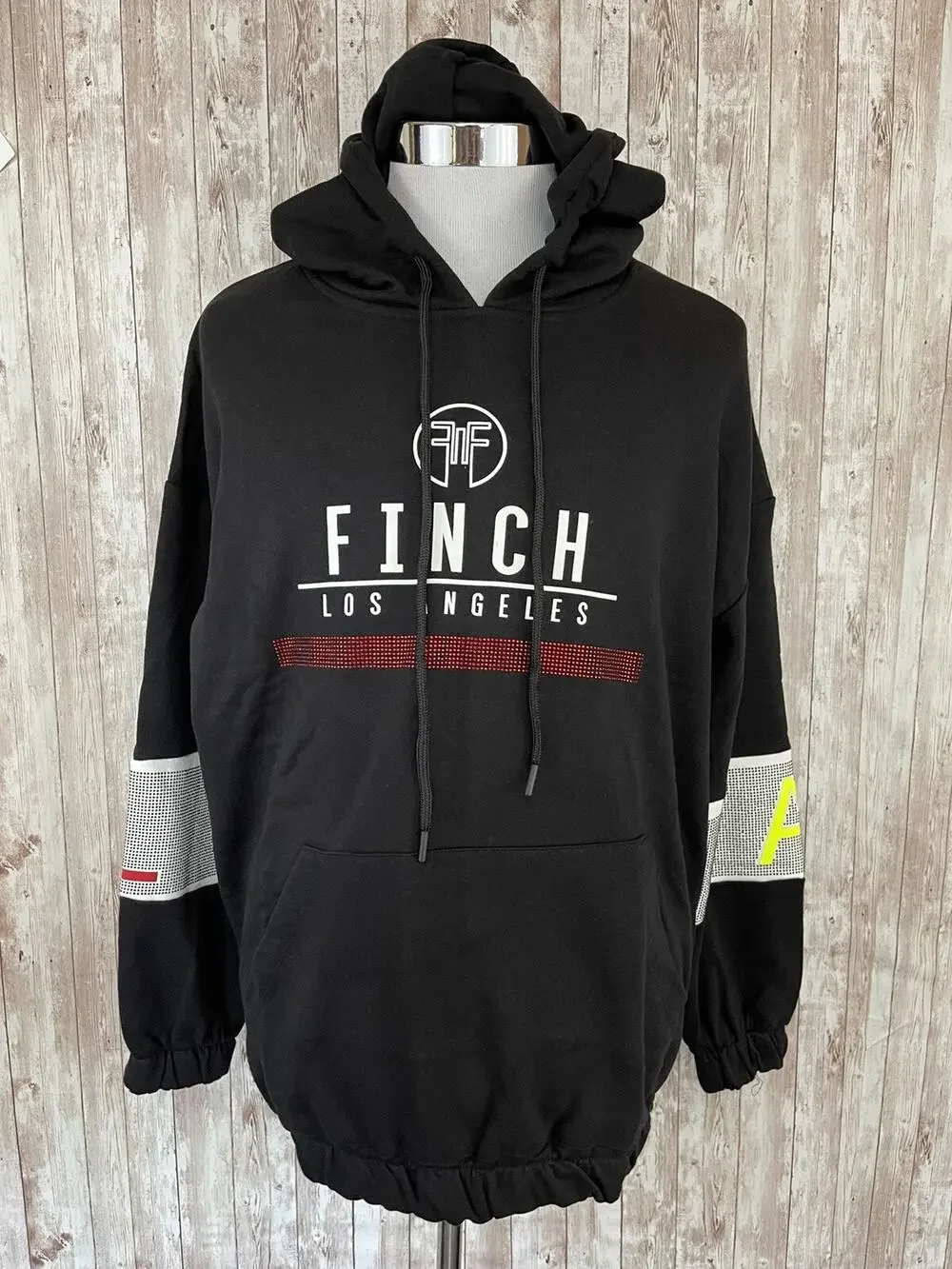 Los Angeles Fitch Hoodie Mens Medium Beaded Black Sweatshirt Oversized N151